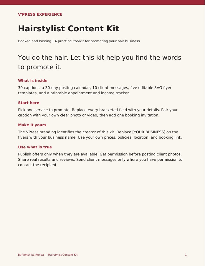 V’Press Hairstylist Content Kit guide cover